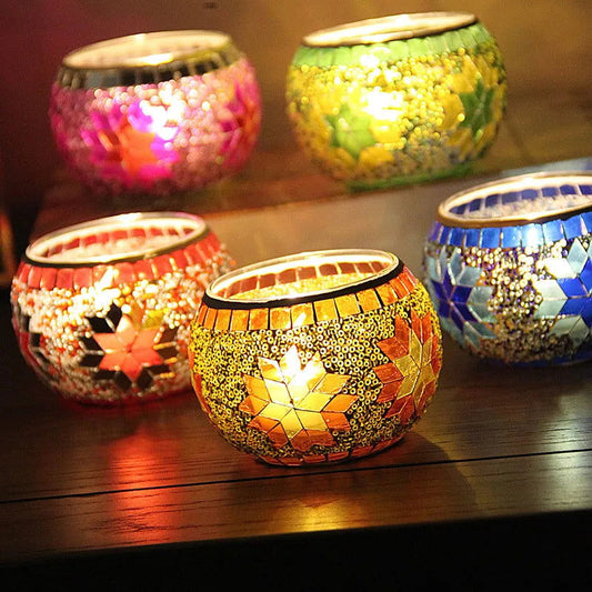 Colorful Snowflake Mosaic Glass Candle Holder - Home Decoration Candlestick in Various Colors - candletown.net