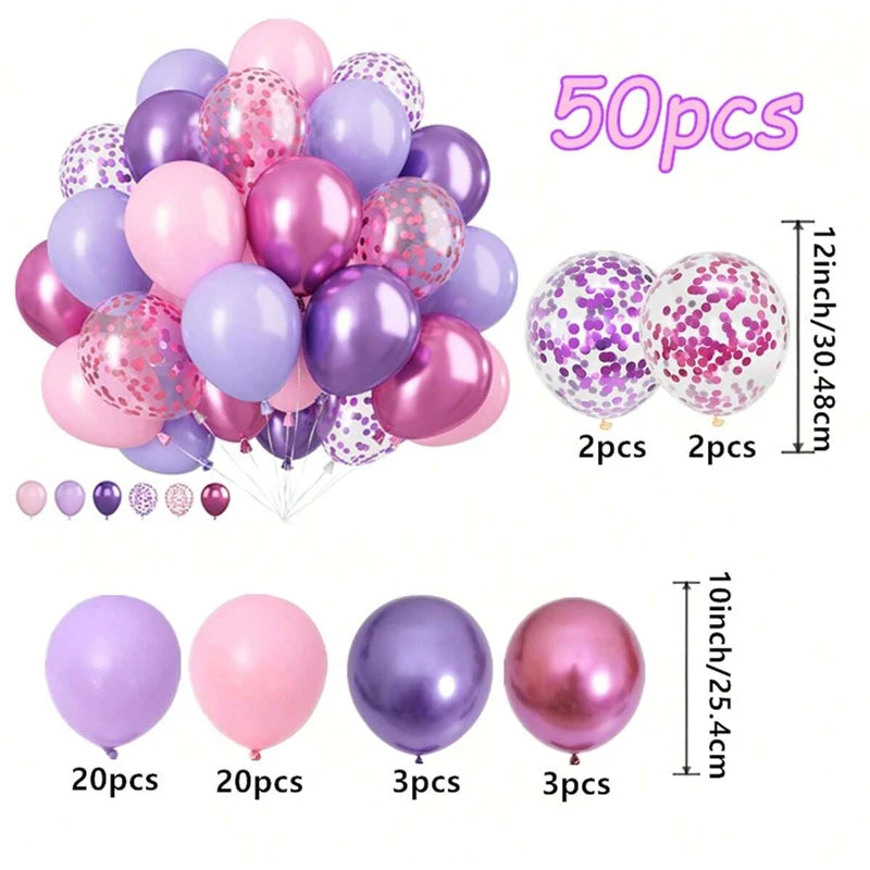 Candletown.net offers a collection of 50 latex balloons ideal for party decor, including 20 pink, 20 purple, 3 metallic pink, 3 metallic purple (all 10-inch), and 4 confetti-filled balloons (12-inch).