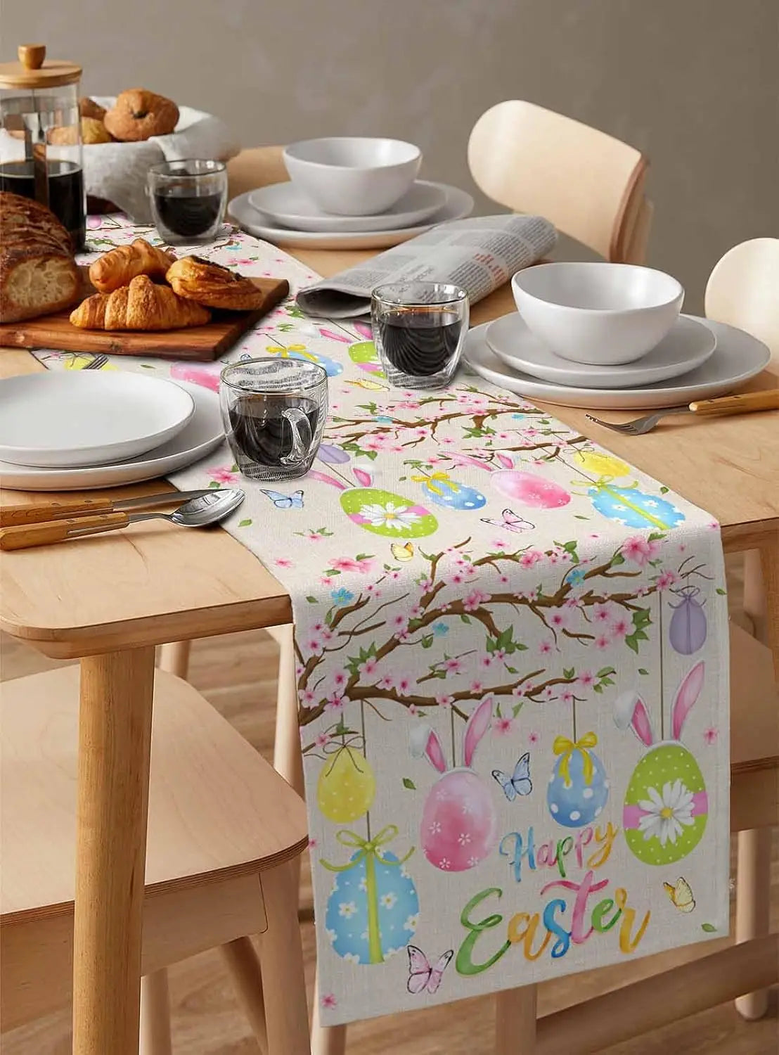 Easter Bunny Ear & Flower Linen Table Runner