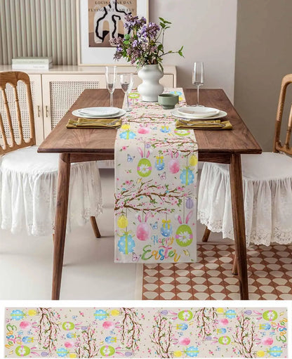 Easter Bunny Ear & Flower Linen Table Runner