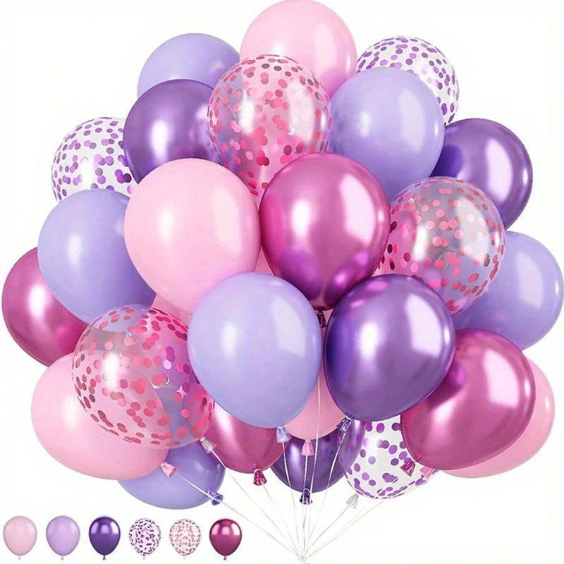 Candletown.net offers latex balloons that float gracefully as party decorations, featuring various shades of pink, purple, and lavender. Some boast solid colors while others are adorned with playful polka dot patterns, all shimmering against a light background.