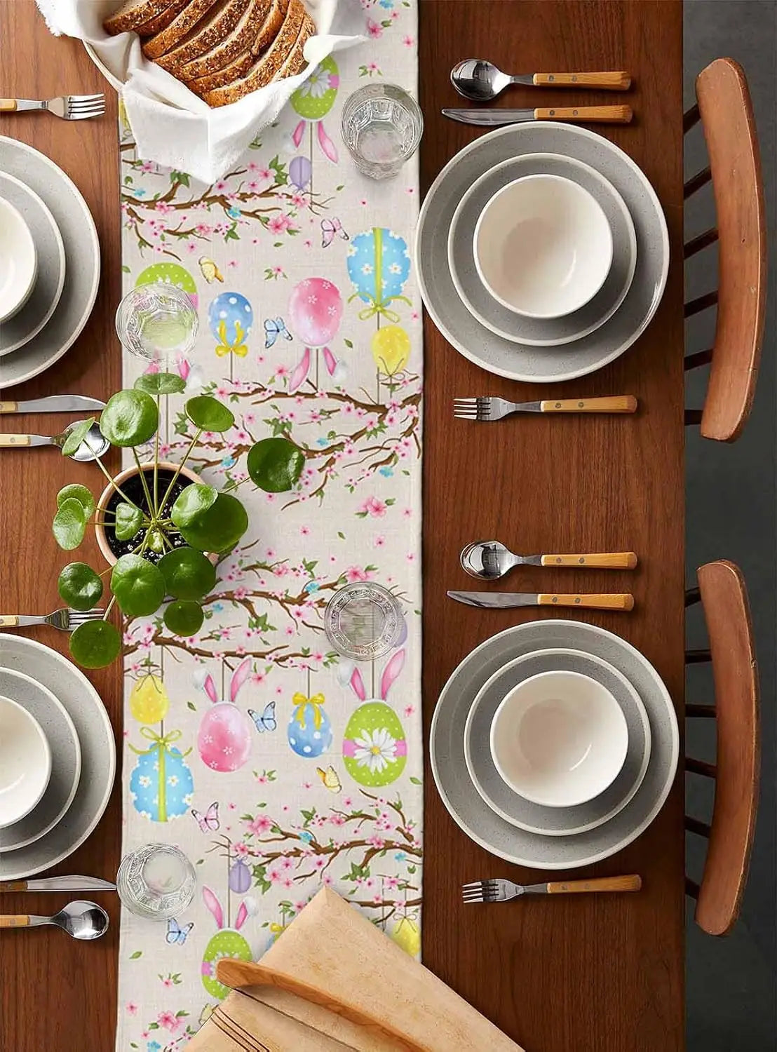 Easter Bunny Ear & Flower Linen Table Runner