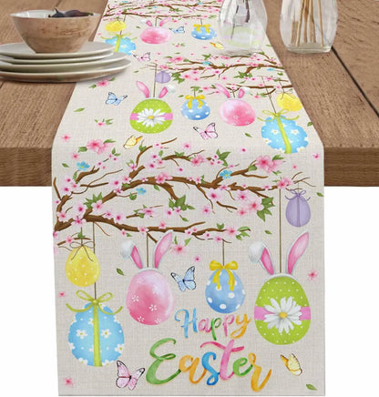 Easter Bunny Ear & Flower Linen Table Runner