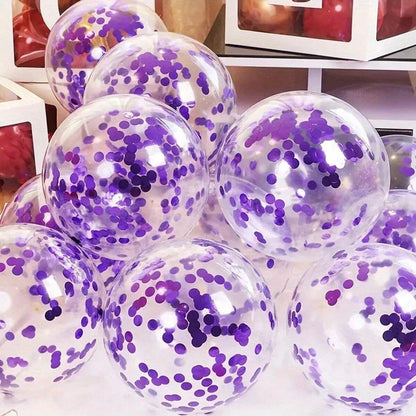 Transparent latex balloons filled with purple confetti from candletown.net are arranged in front of shelves with red and white boxes. The circular confetti inside each balloon adds a festive touch, making them ideal party decorations.