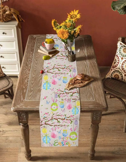 Easter Bunny Ear & Flower Linen Table Runner